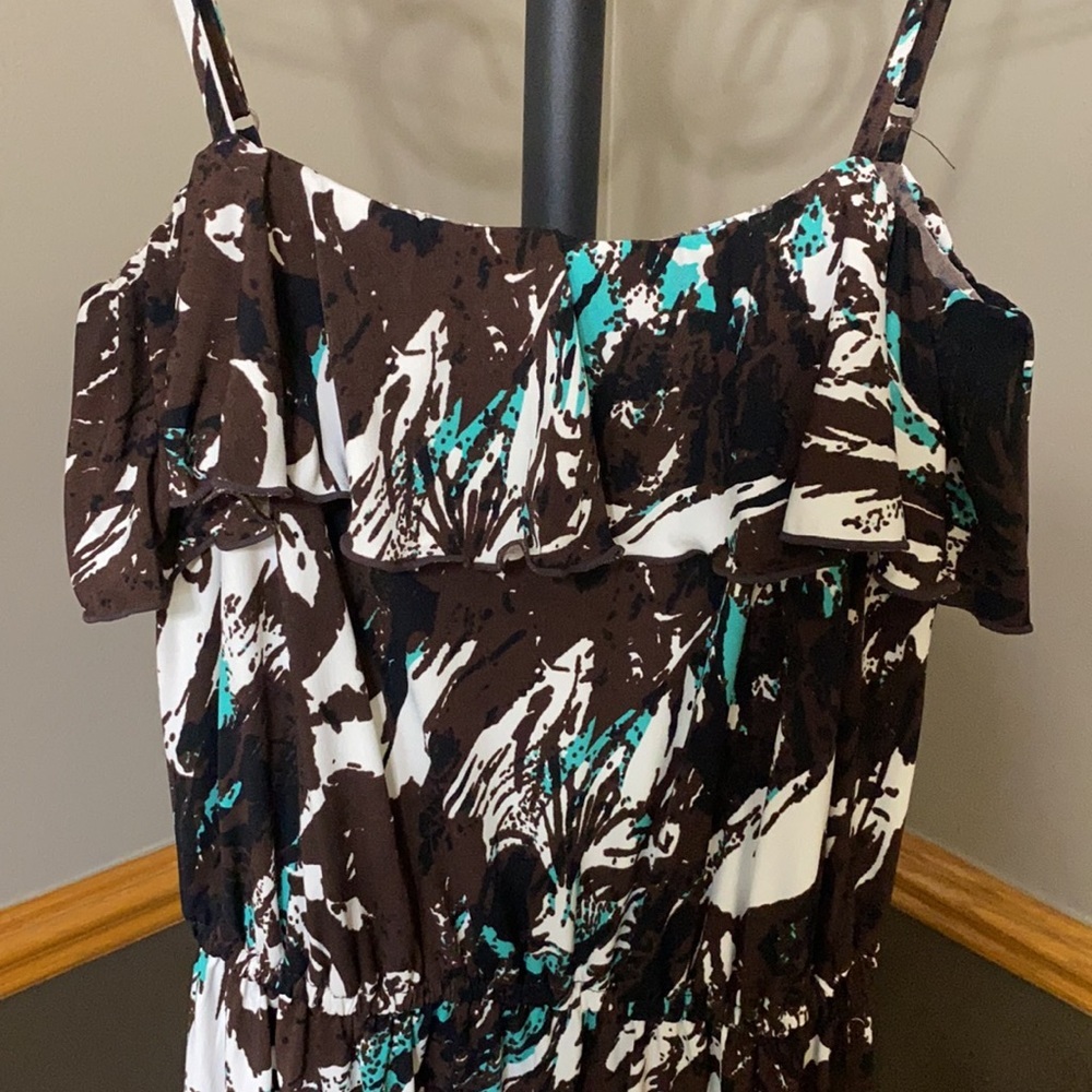 Allen B brown turquoise and cream floral spaghetti strap maxi dress size s - Picture 2 of 4